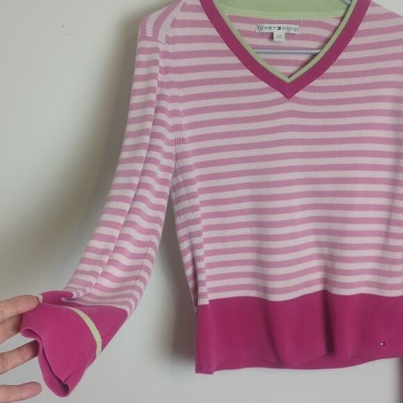 Y2K Tommy Hilfinger Cropped Preppy Tight Knit Sweater Pink Women's Size L - Picture 4 of 11